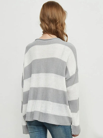 Women Striped Knitted Sweater Crew Neck Long Sleeve Casual Comfy Pullover Tops