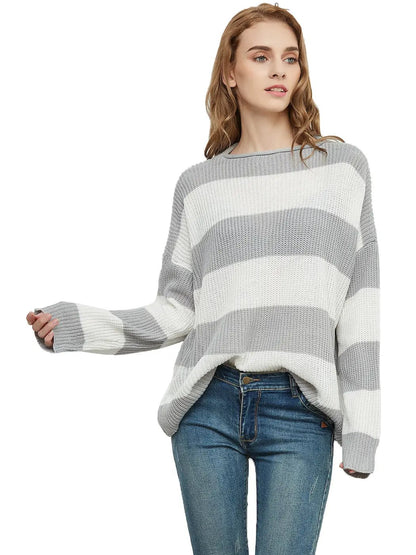 Women Striped Knitted Sweater Crew Neck Long Sleeve Casual Comfy Pullover Tops