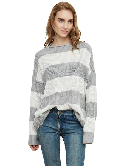 Women Striped Knitted Sweater Crew Neck Long Sleeve Casual Comfy Pullover Tops
