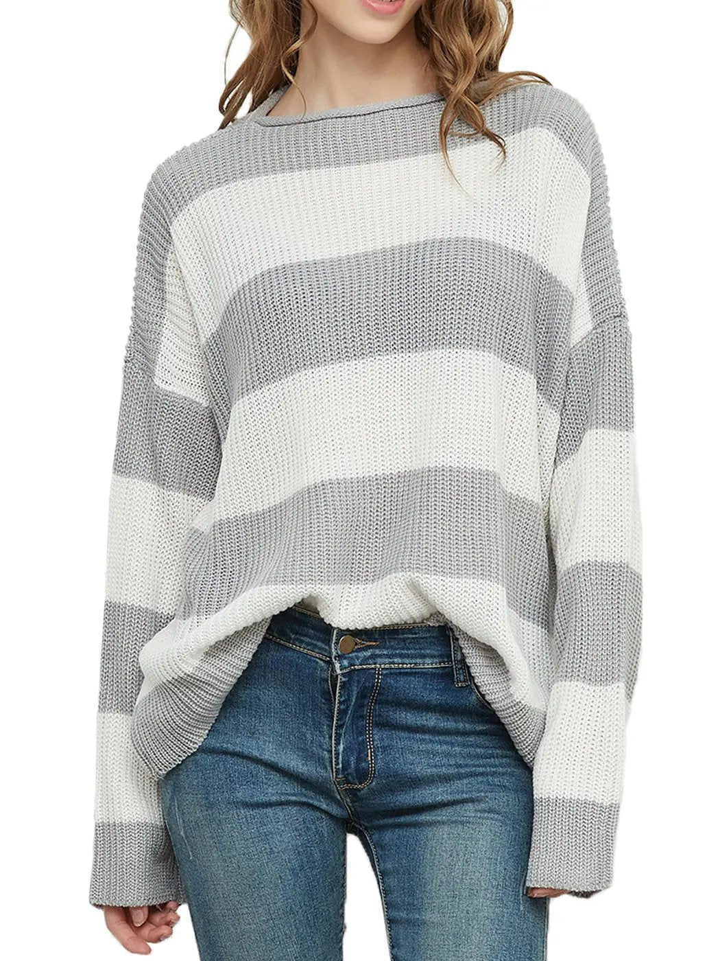 Women Striped Knitted Sweater Crew Neck Long Sleeve Casual Comfy Pullover Tops