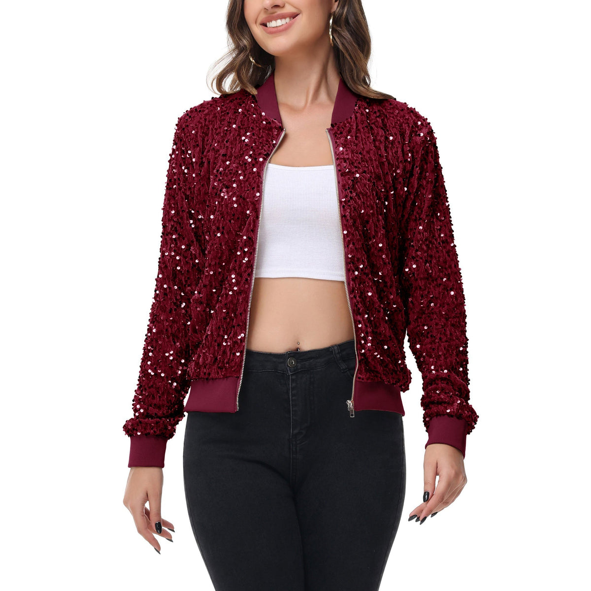 Sequin Bomber Jacket Zip Front Ribbed Cuffs and Hem Pockets Anna-Kaci Wholesale