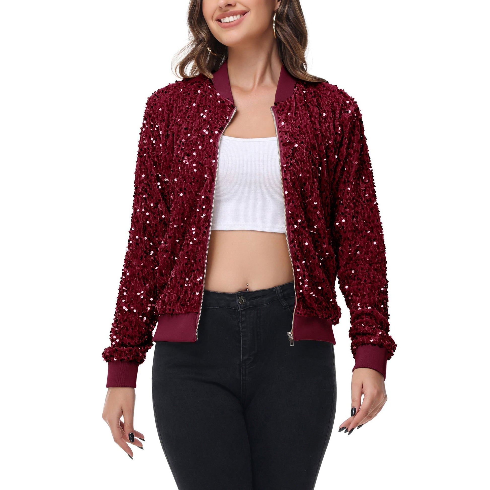 Sequin Bomber Jacket Zip Front Ribbed Cuffs and Hem Pockets Anna-Kaci Wholesale
