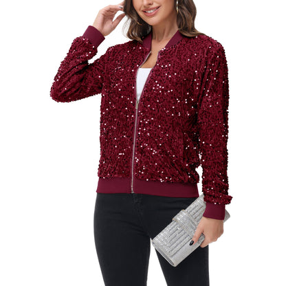 Sequin Bomber Jacket Zip Front Ribbed Cuffs and Hem Pockets Anna-Kaci Wholesale