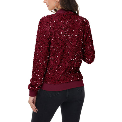 Sequin Bomber Jacket Zip Front Ribbed Cuffs and Hem Pockets Anna-Kaci Wholesale