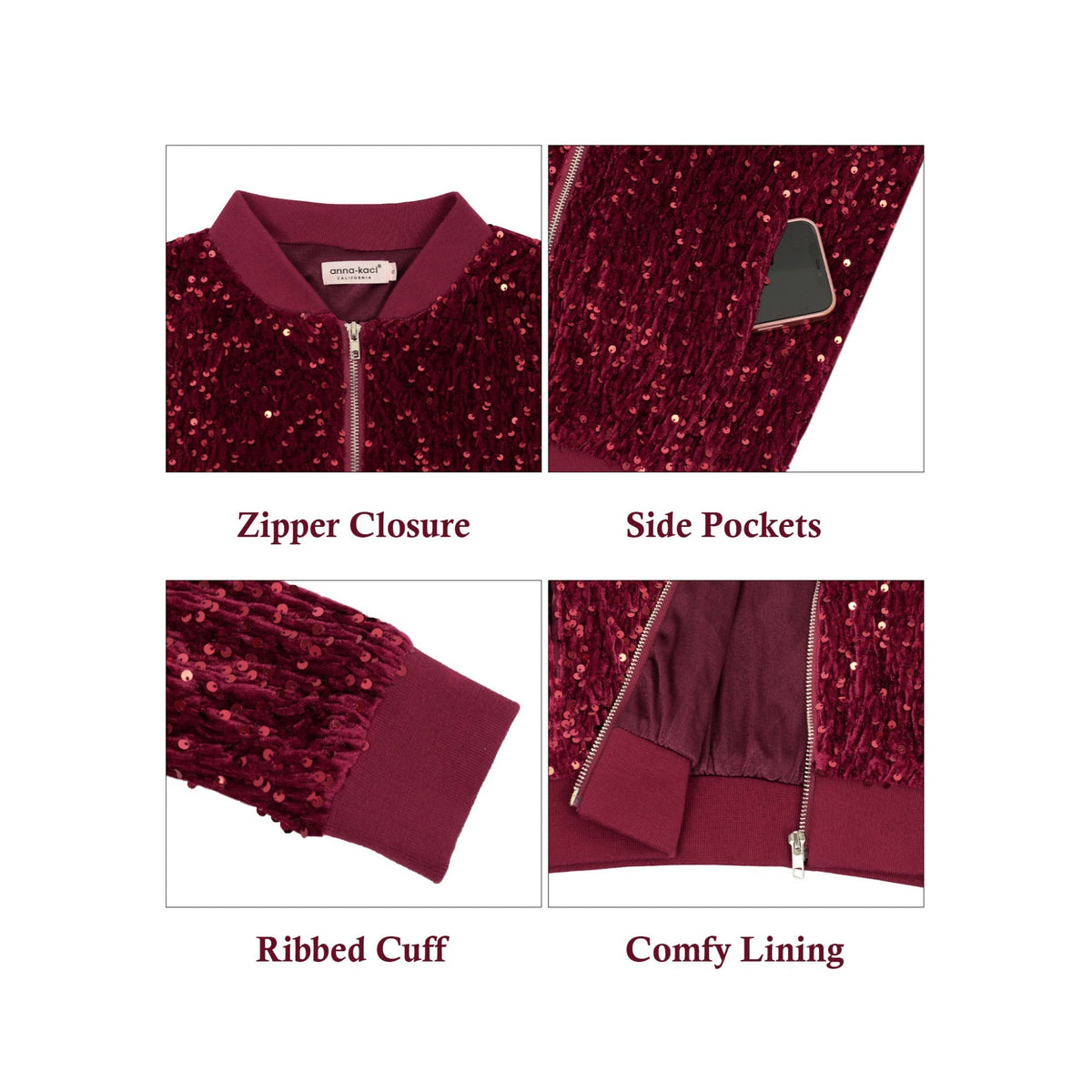 Sequin Bomber Jacket Zip Front Ribbed Cuffs and Hem Pockets Anna-Kaci Wholesale
