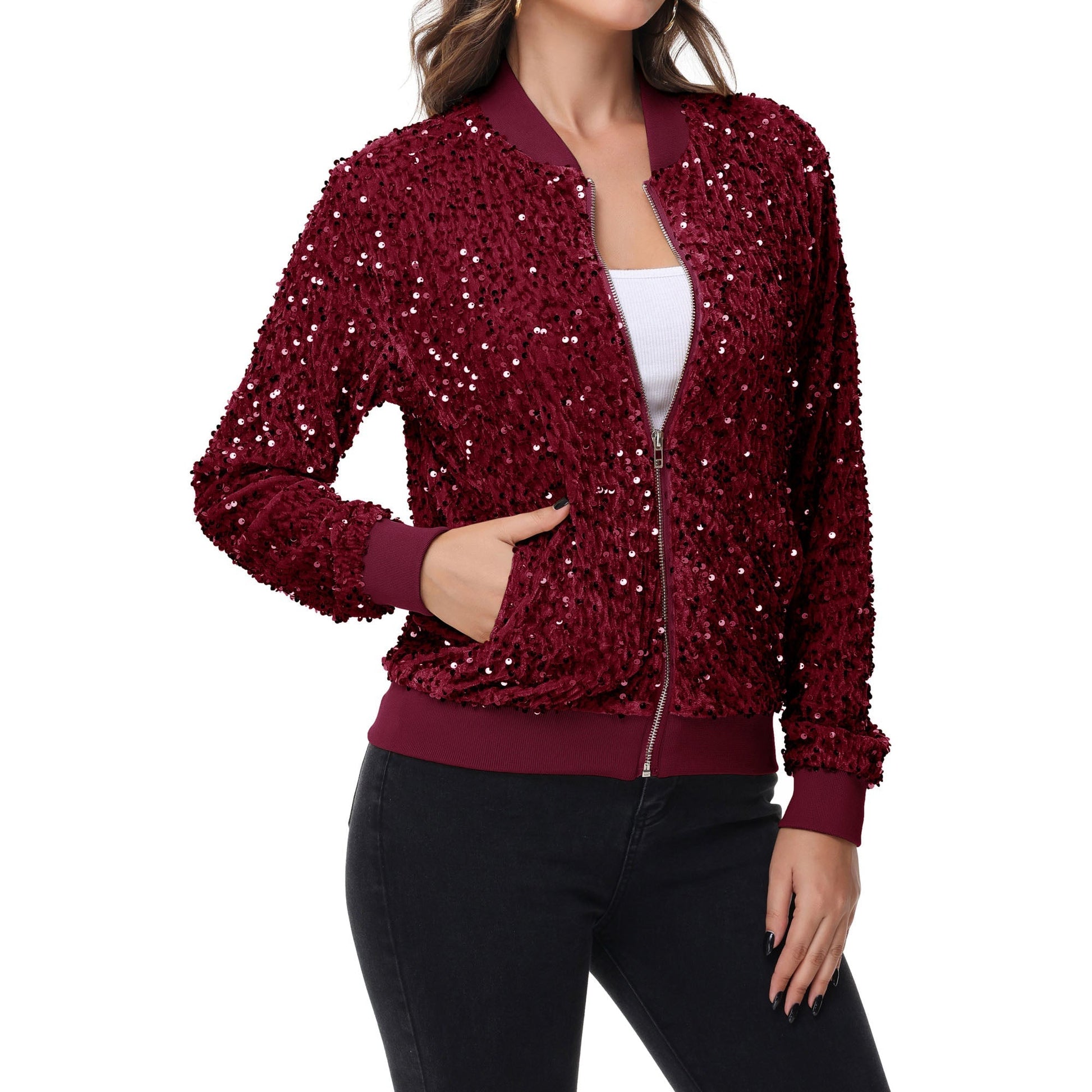 Sequin Bomber Jacket Zip Front Ribbed Cuffs and Hem Pockets Anna-Kaci Wholesale