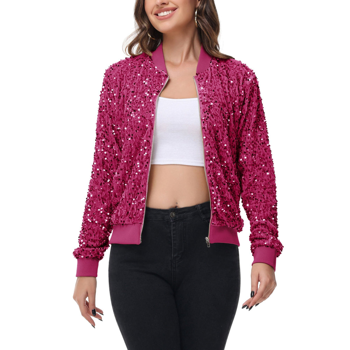 Sequin Bomber Jacket Zip Front Ribbed Cuffs and Hem Pockets Anna-Kaci Wholesale