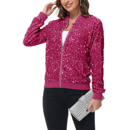 Sequin Bomber Jacket Zip Front Ribbed Cuffs and Hem Pockets Anna-Kaci Wholesale