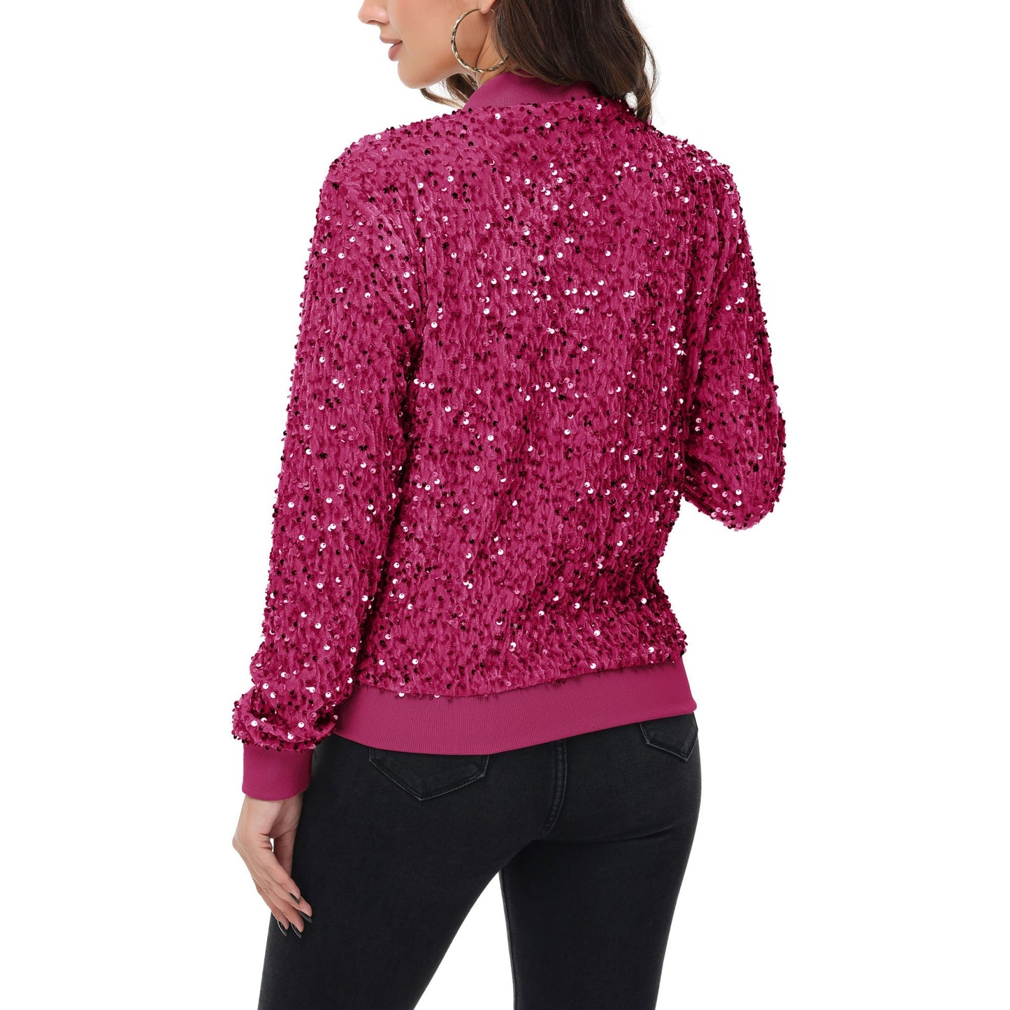 Sequin Bomber Jacket Zip Front Ribbed Cuffs and Hem Pockets Anna-Kaci Wholesale