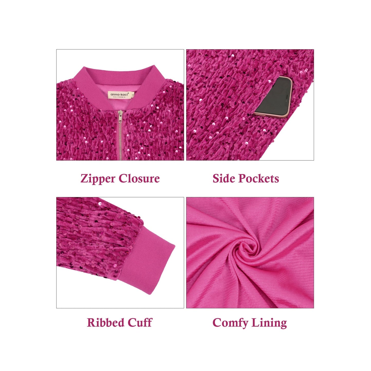 Sequin Bomber Jacket Zip Front Ribbed Cuffs and Hem Pockets Anna-Kaci Wholesale