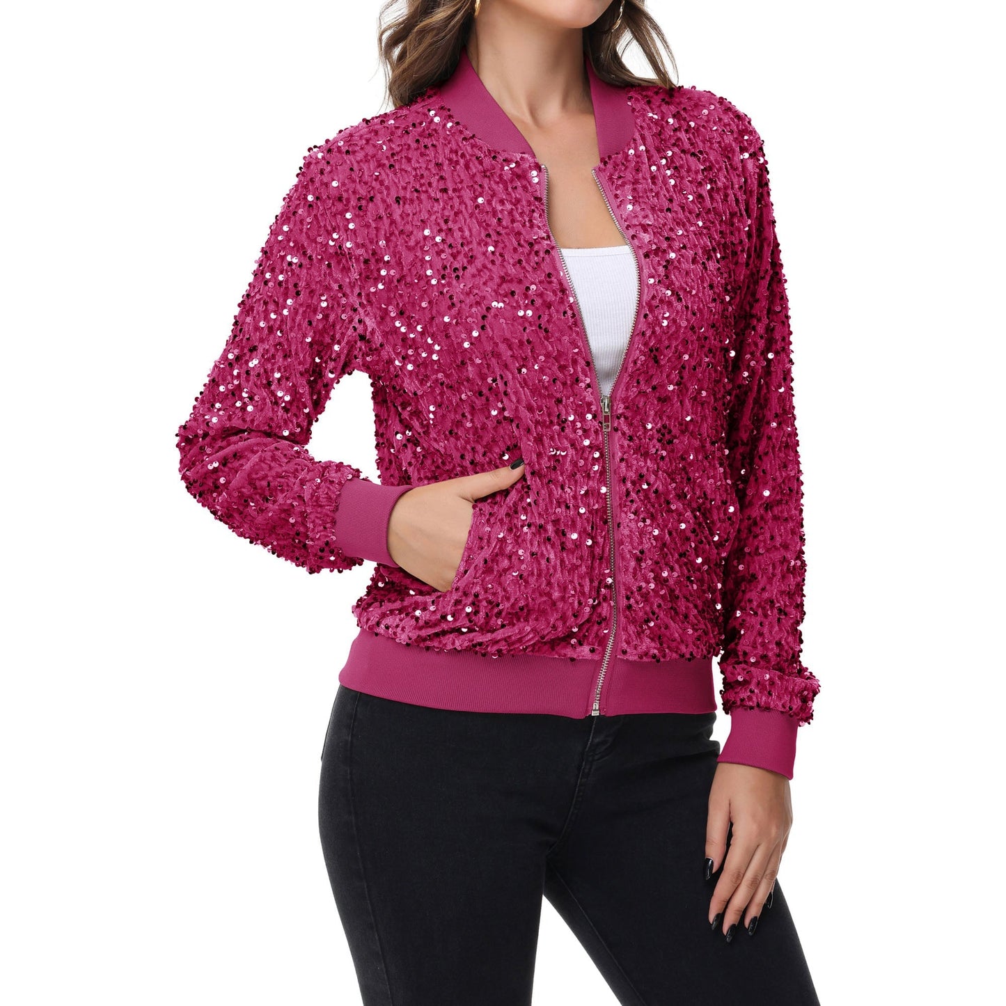 Sequin Bomber Jacket Zip Front Ribbed Cuffs and Hem Pockets Anna-Kaci Wholesale