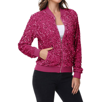 Sequin Bomber Jacket Zip Front Ribbed Cuffs and Hem Pockets Anna-Kaci Wholesale
