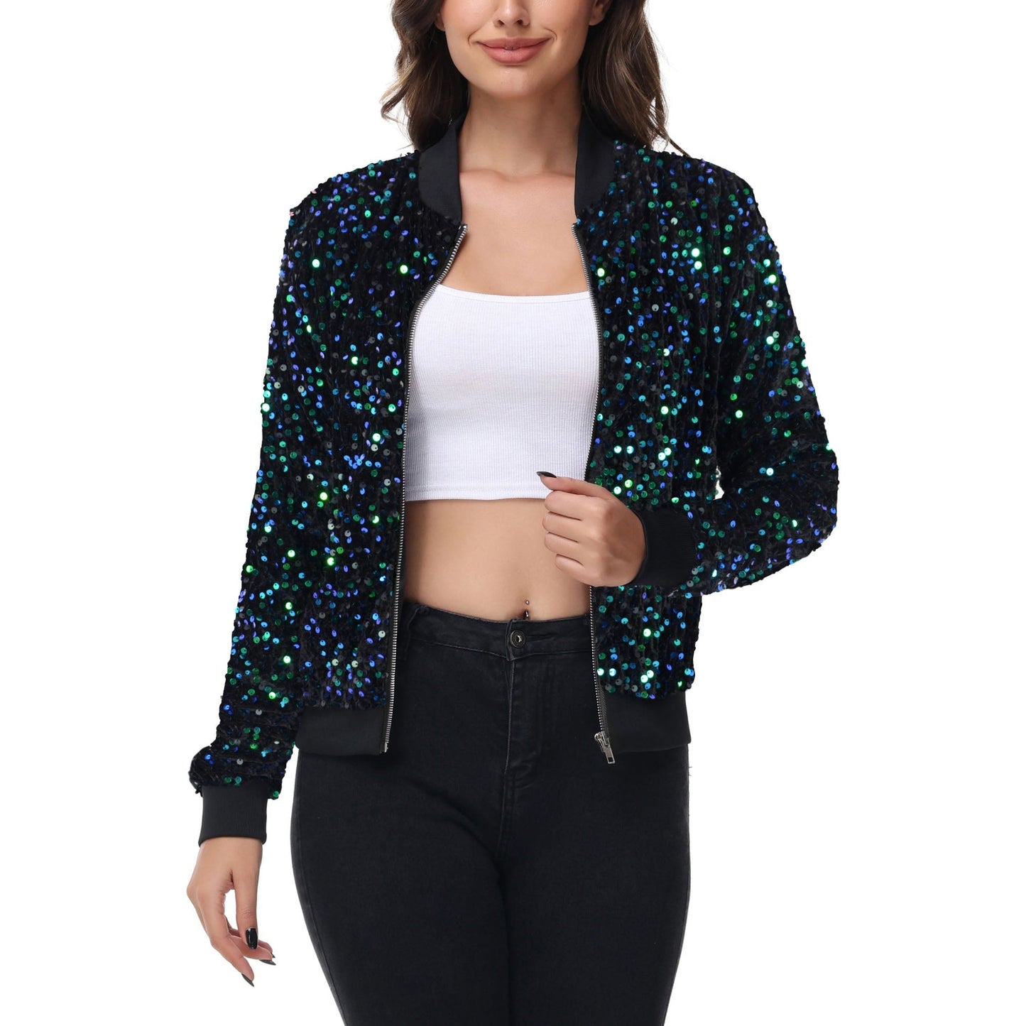 Sequin Bomber Jacket Zip Front Ribbed Cuffs and Hem Pockets Anna-Kaci Wholesale