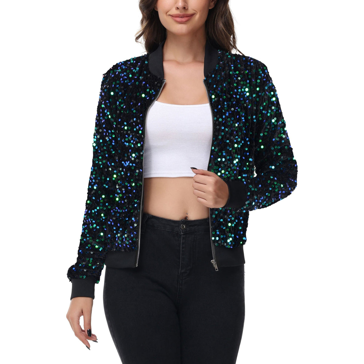 Sequin Bomber Jacket Zip Front Ribbed Cuffs and Hem Pockets Anna-Kaci Wholesale