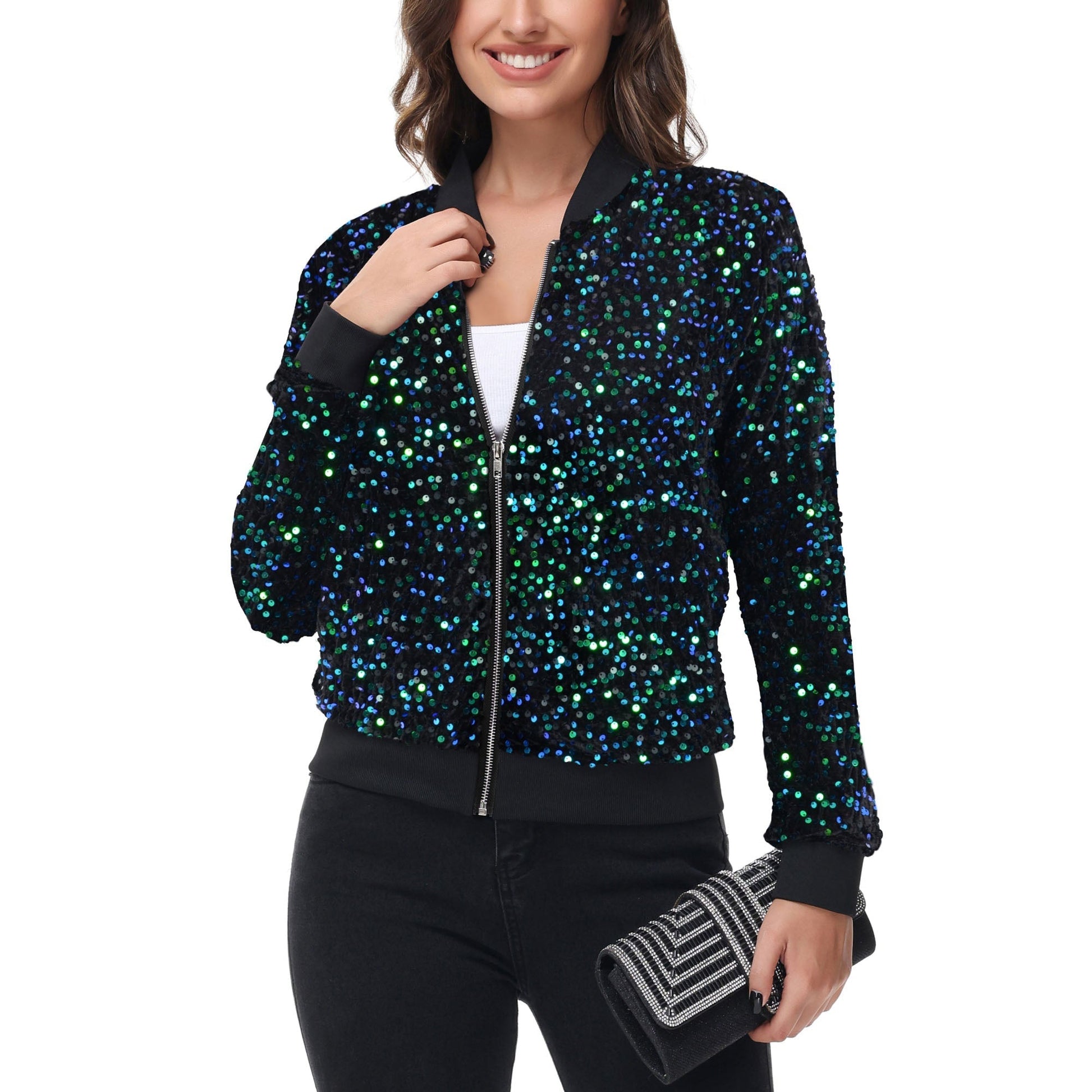 Sequin Bomber Jacket Zip Front Ribbed Cuffs and Hem Pockets Anna-Kaci Wholesale
