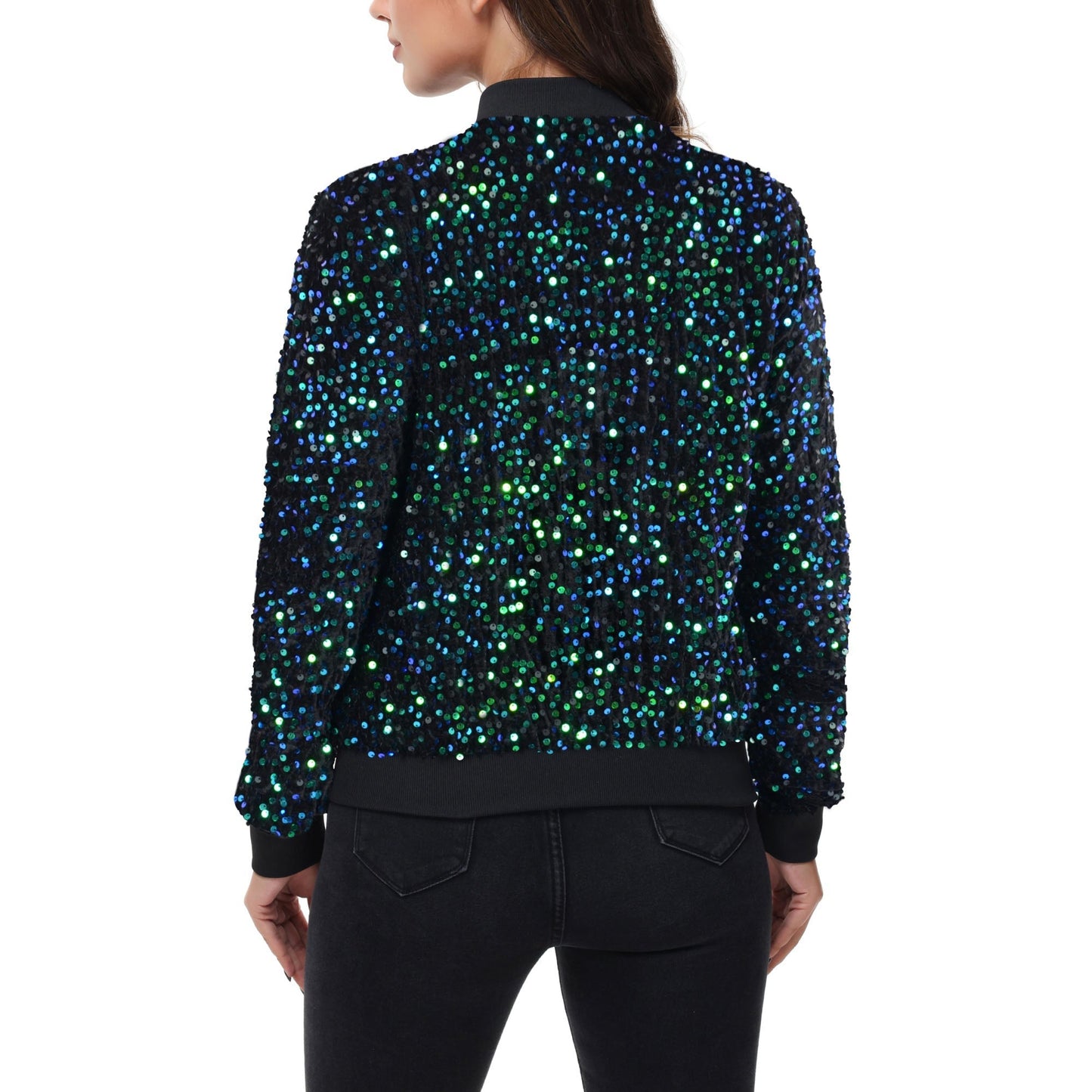 Sequin Bomber Jacket Zip Front Ribbed Cuffs and Hem Pockets Anna-Kaci Wholesale