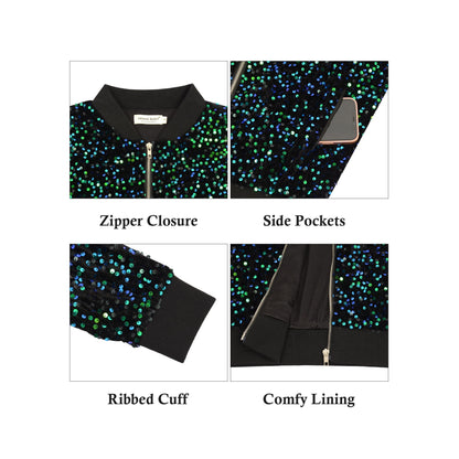 Sequin Bomber Jacket Zip Front Ribbed Cuffs and Hem Pockets Anna-Kaci Wholesale