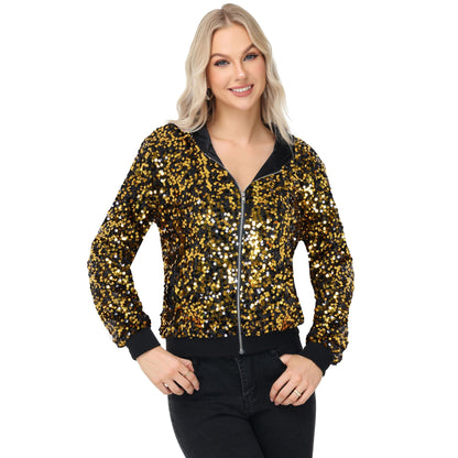 Zip-Up Hoodie Jacket with Allover Sequin Embellishments and Ribbed Trim Anna-Kaci Wholesale