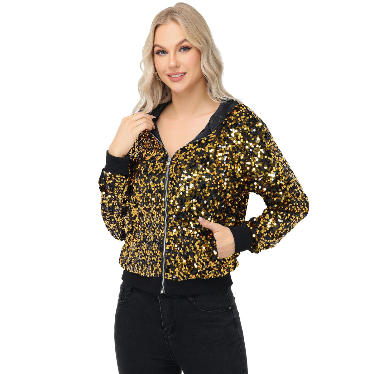 Zip-Up Hoodie Jacket with Allover Sequin Embellishments and Ribbed Trim Anna-Kaci Wholesale