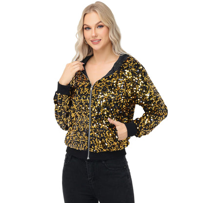 Zip-Up Hoodie Jacket with Allover Sequin Embellishments and Ribbed Trim Anna-Kaci Wholesale