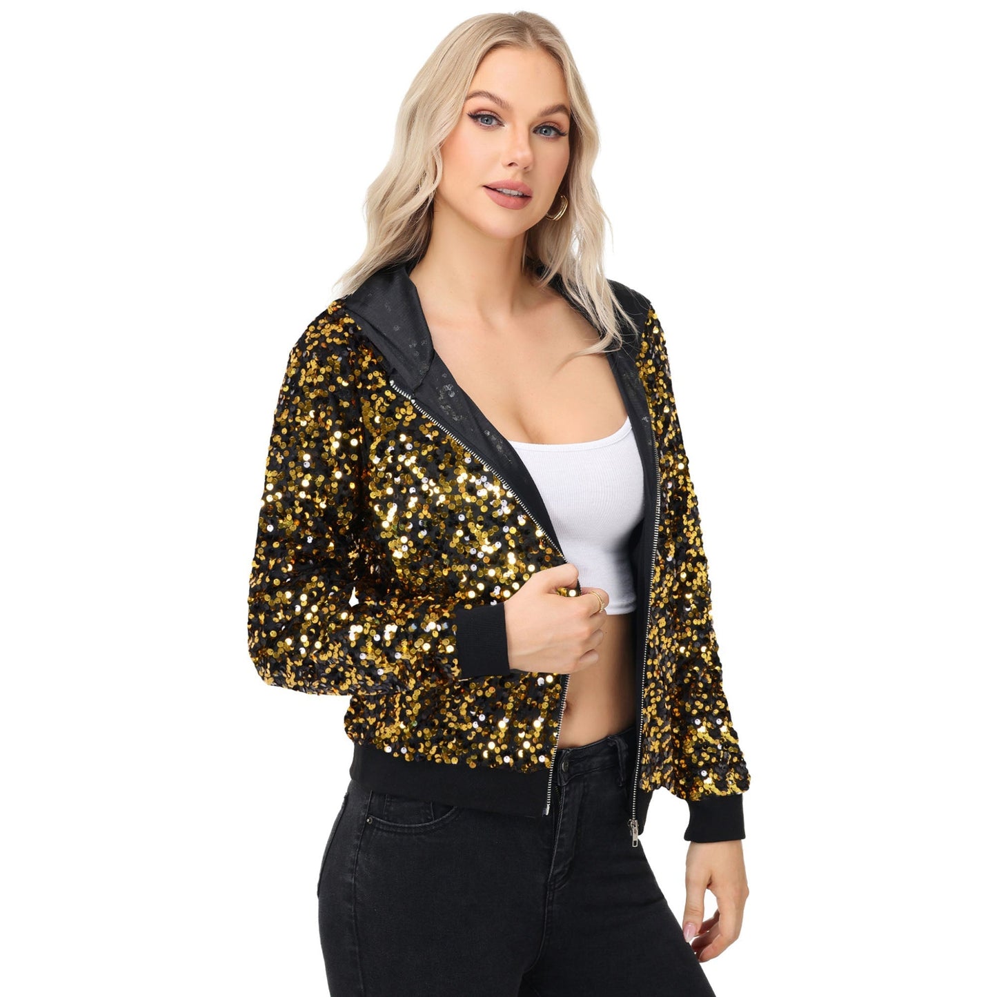 Zip-Up Hoodie Jacket with Allover Sequin Embellishments and Ribbed Trim Anna-Kaci Wholesale