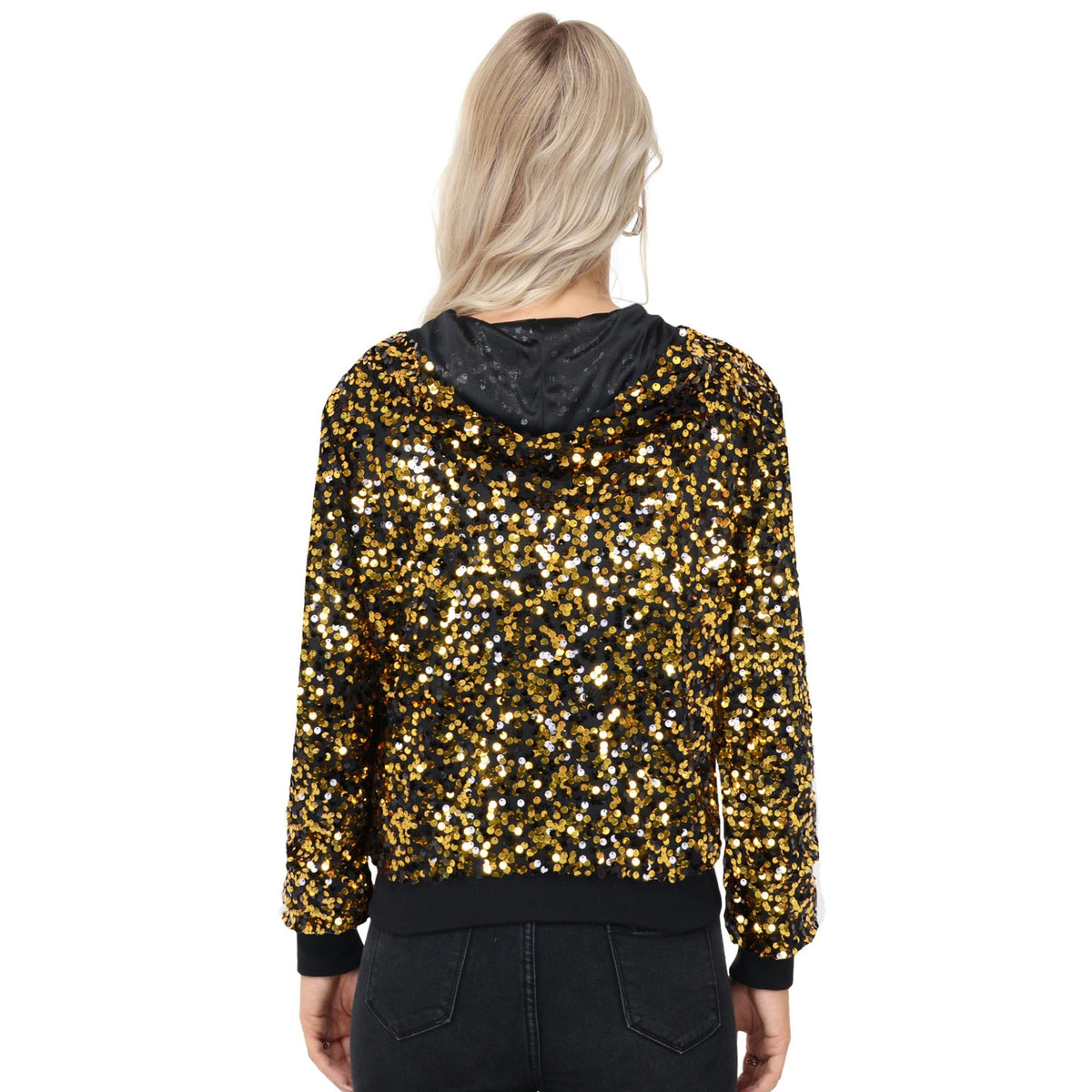 Zip-Up Hoodie Jacket with Allover Sequin Embellishments and Ribbed Trim Anna-Kaci Wholesale