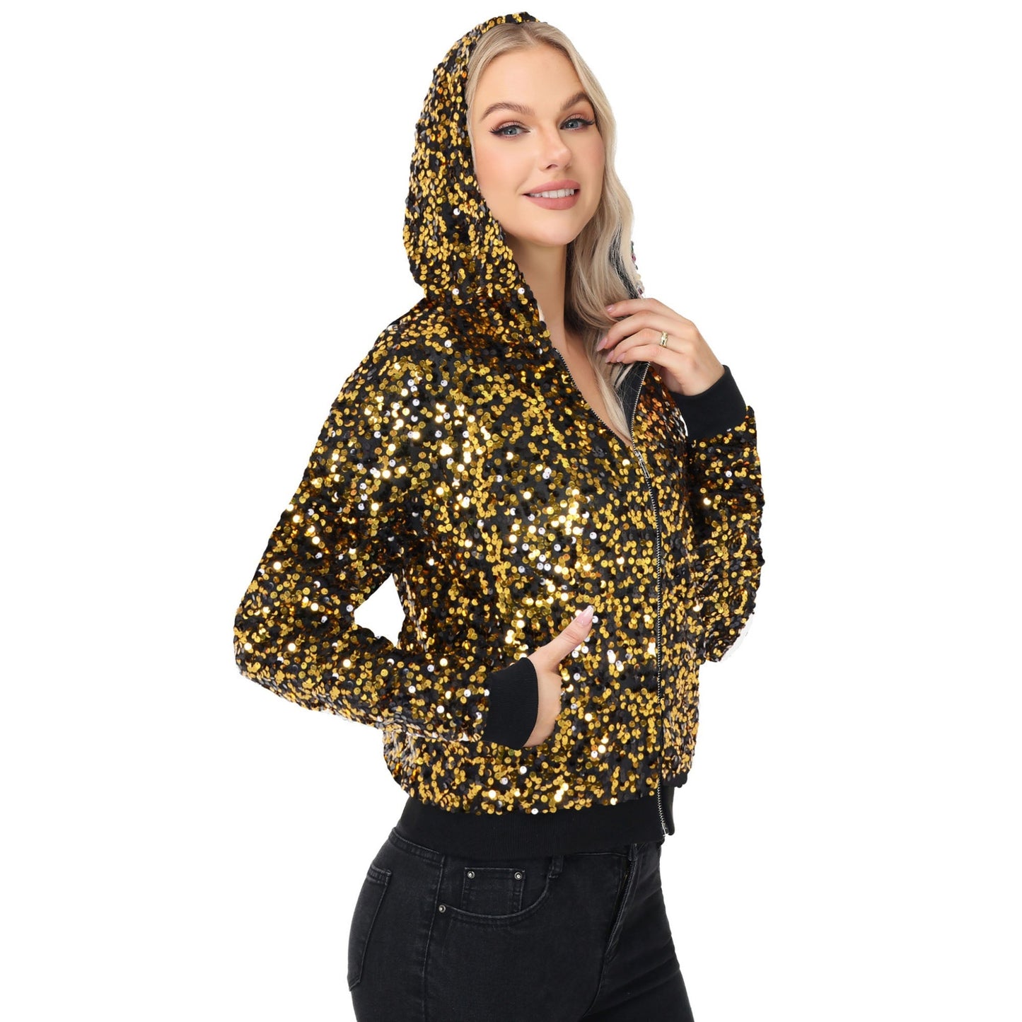 Zip-Up Hoodie Jacket with Allover Sequin Embellishments and Ribbed Trim Anna-Kaci Wholesale