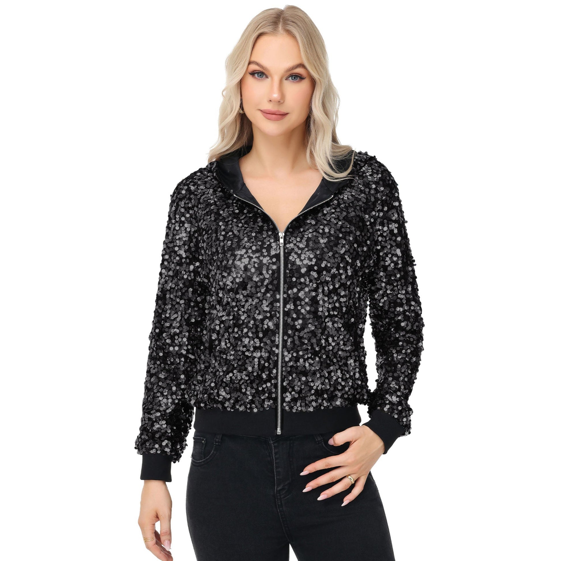 Zip-Up Hoodie Jacket with Allover Sequin Embellishments and Ribbed Trim Anna-Kaci Wholesale