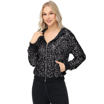 Zip-Up Hoodie Jacket with Allover Sequin Embellishments and Ribbed Trim Anna-Kaci Wholesale
