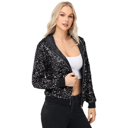 Zip-Up Hoodie Jacket with Allover Sequin Embellishments and Ribbed Trim Anna-Kaci Wholesale