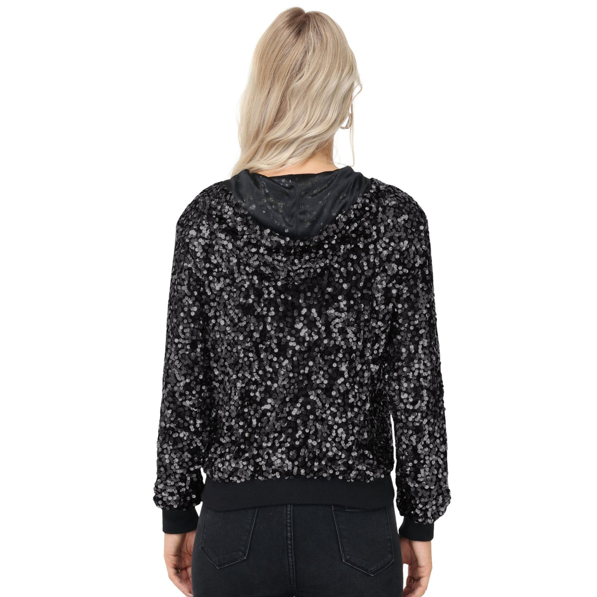 Zip-Up Hoodie Jacket with Allover Sequin Embellishments and Ribbed Trim Anna-Kaci Wholesale