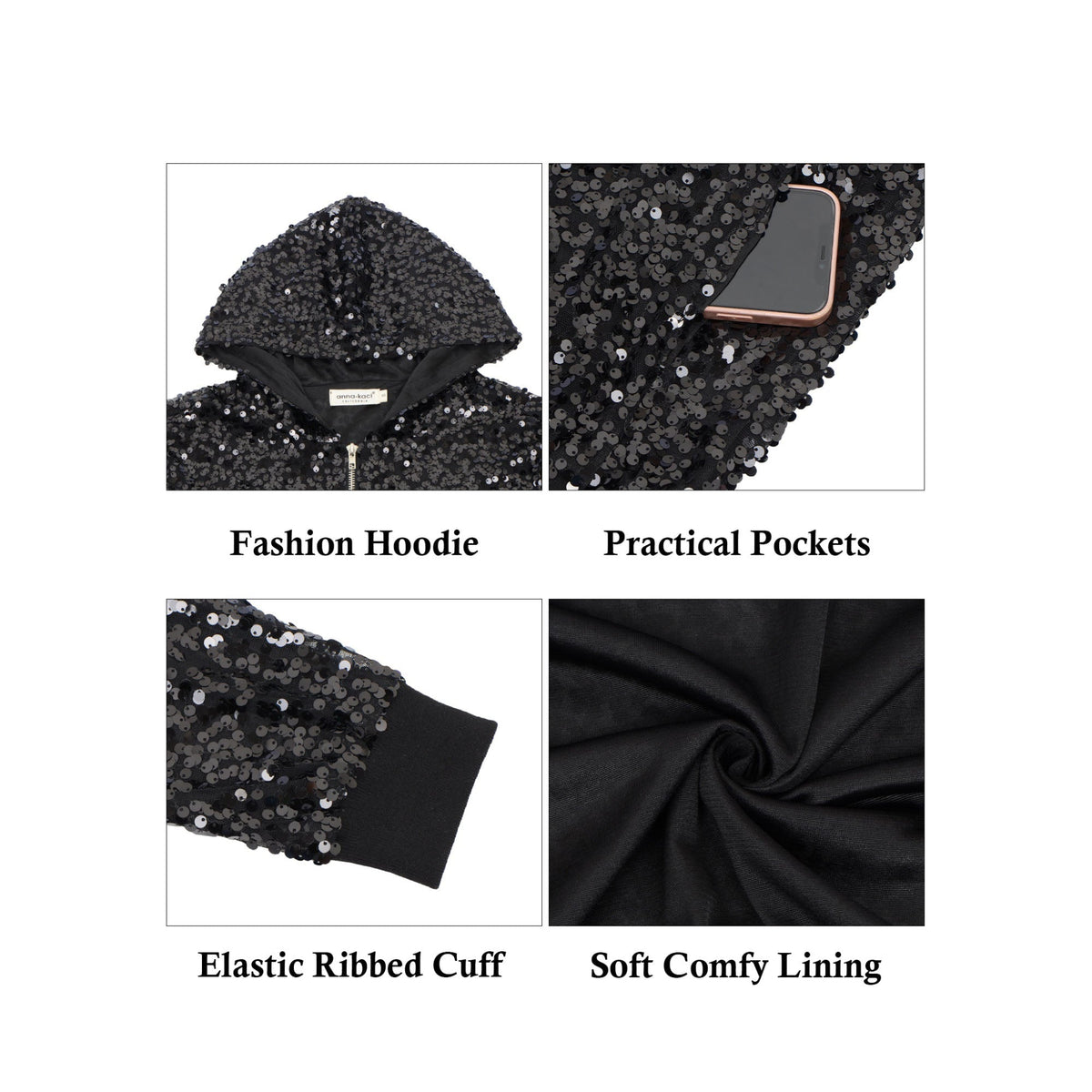 Zip-Up Hoodie Jacket with Allover Sequin Embellishments and Ribbed Trim Anna-Kaci Wholesale