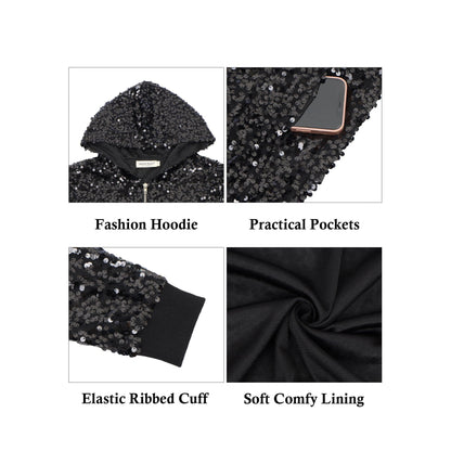Zip-Up Hoodie Jacket with Allover Sequin Embellishments and Ribbed Trim Anna-Kaci Wholesale