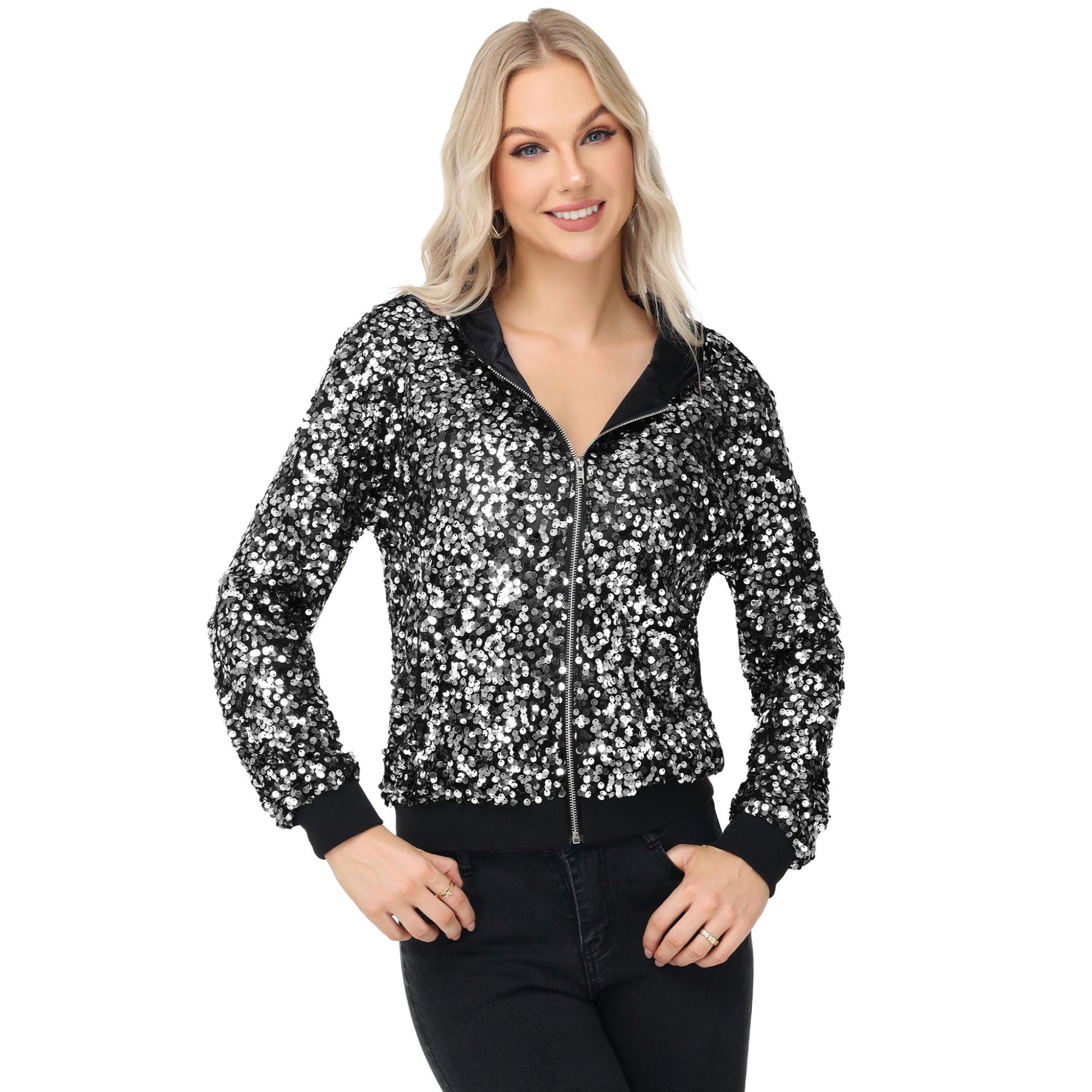 Zip-Up Hoodie Jacket with Allover Sequin Embellishments and Ribbed Trim Anna-Kaci Wholesale