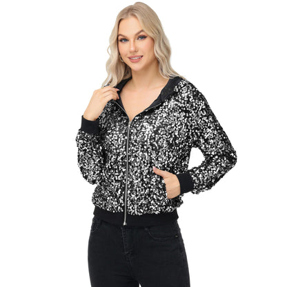Zip-Up Hoodie Jacket with Allover Sequin Embellishments and Ribbed Trim Anna-Kaci Wholesale