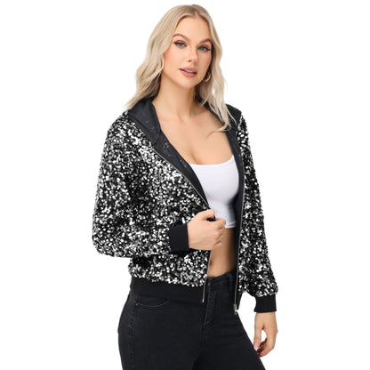 Zip-Up Hoodie Jacket with Allover Sequin Embellishments and Ribbed Trim Anna-Kaci Wholesale