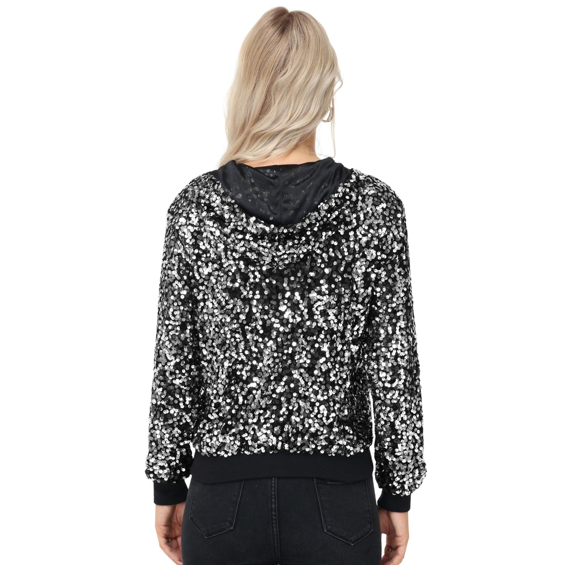 Zip-Up Hoodie Jacket with Allover Sequin Embellishments and Ribbed Trim Anna-Kaci Wholesale