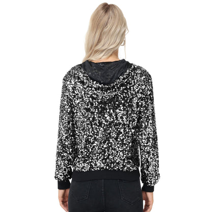 Zip-Up Hoodie Jacket with Allover Sequin Embellishments and Ribbed Trim Anna-Kaci Wholesale