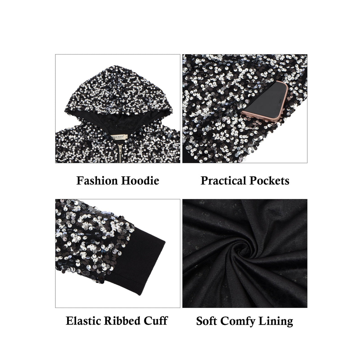 Zip-Up Hoodie Jacket with Allover Sequin Embellishments and Ribbed Trim Anna-Kaci Wholesale