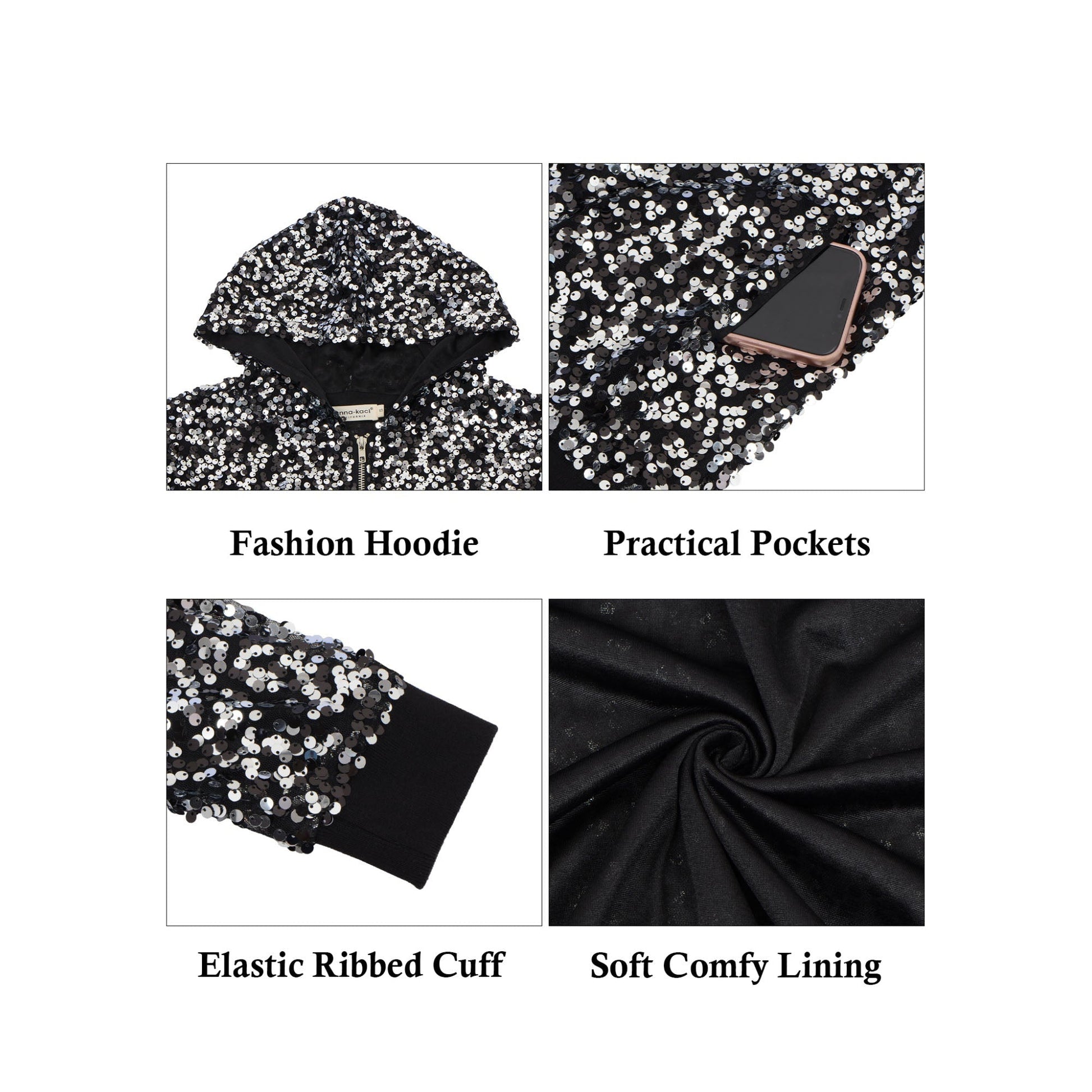 Zip-Up Hoodie Jacket with Allover Sequin Embellishments and Ribbed Trim Anna-Kaci Wholesale