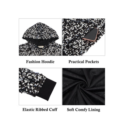 Zip-Up Hoodie Jacket with Allover Sequin Embellishments and Ribbed Trim Anna-Kaci Wholesale