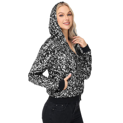 Zip-Up Hoodie Jacket with Allover Sequin Embellishments and Ribbed Trim Anna-Kaci Wholesale