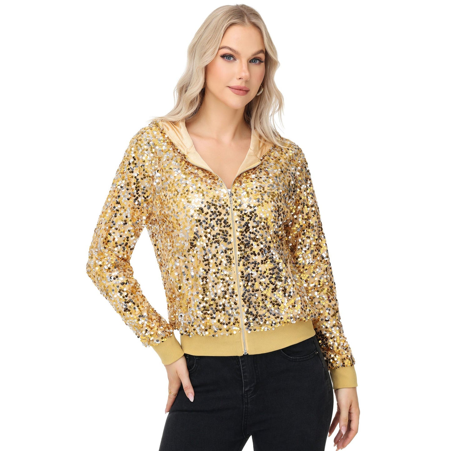 Zip-Up Hoodie Jacket with Allover Sequin Embellishments and Ribbed Trim Anna-Kaci Wholesale