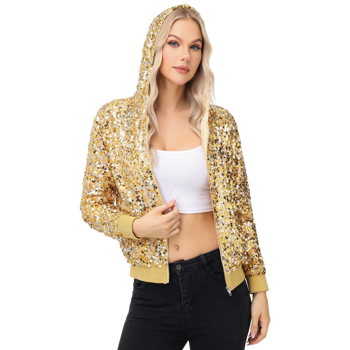 Zip-Up Hoodie Jacket with Allover Sequin Embellishments and Ribbed Trim Anna-Kaci Wholesale