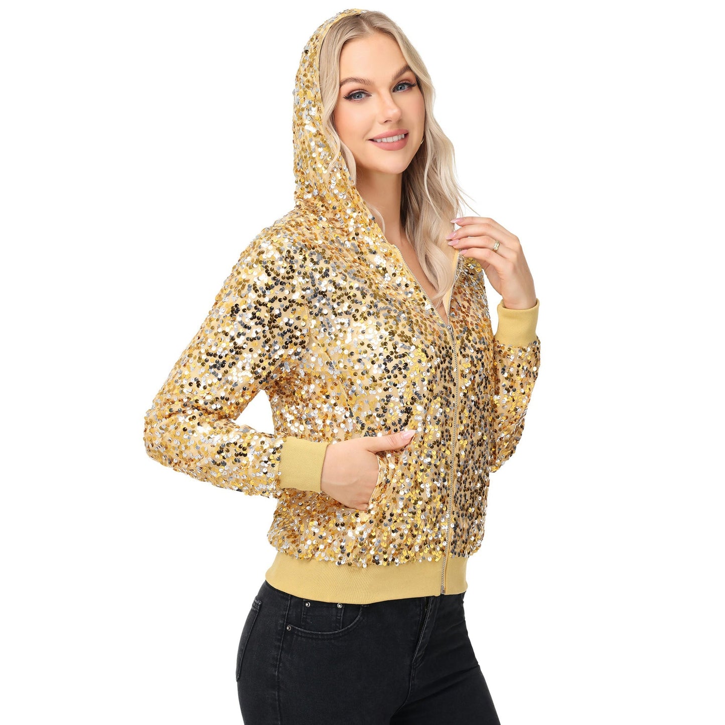 Zip-Up Hoodie Jacket with Allover Sequin Embellishments and Ribbed Trim Anna-Kaci Wholesale