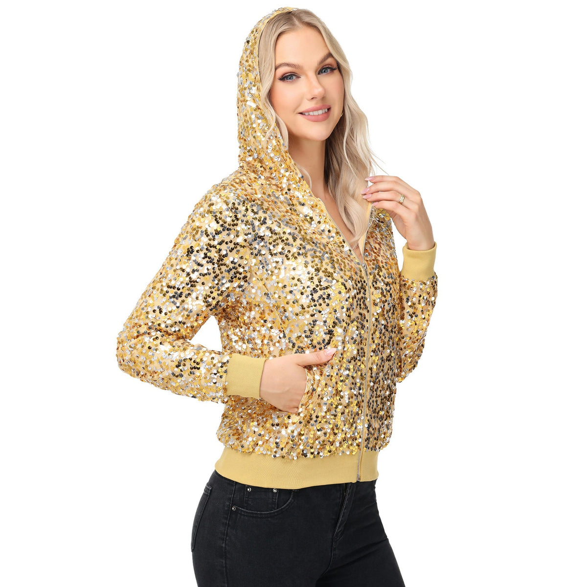 Zip-Up Hoodie Jacket with Allover Sequin Embellishments and Ribbed Trim Anna-Kaci Wholesale