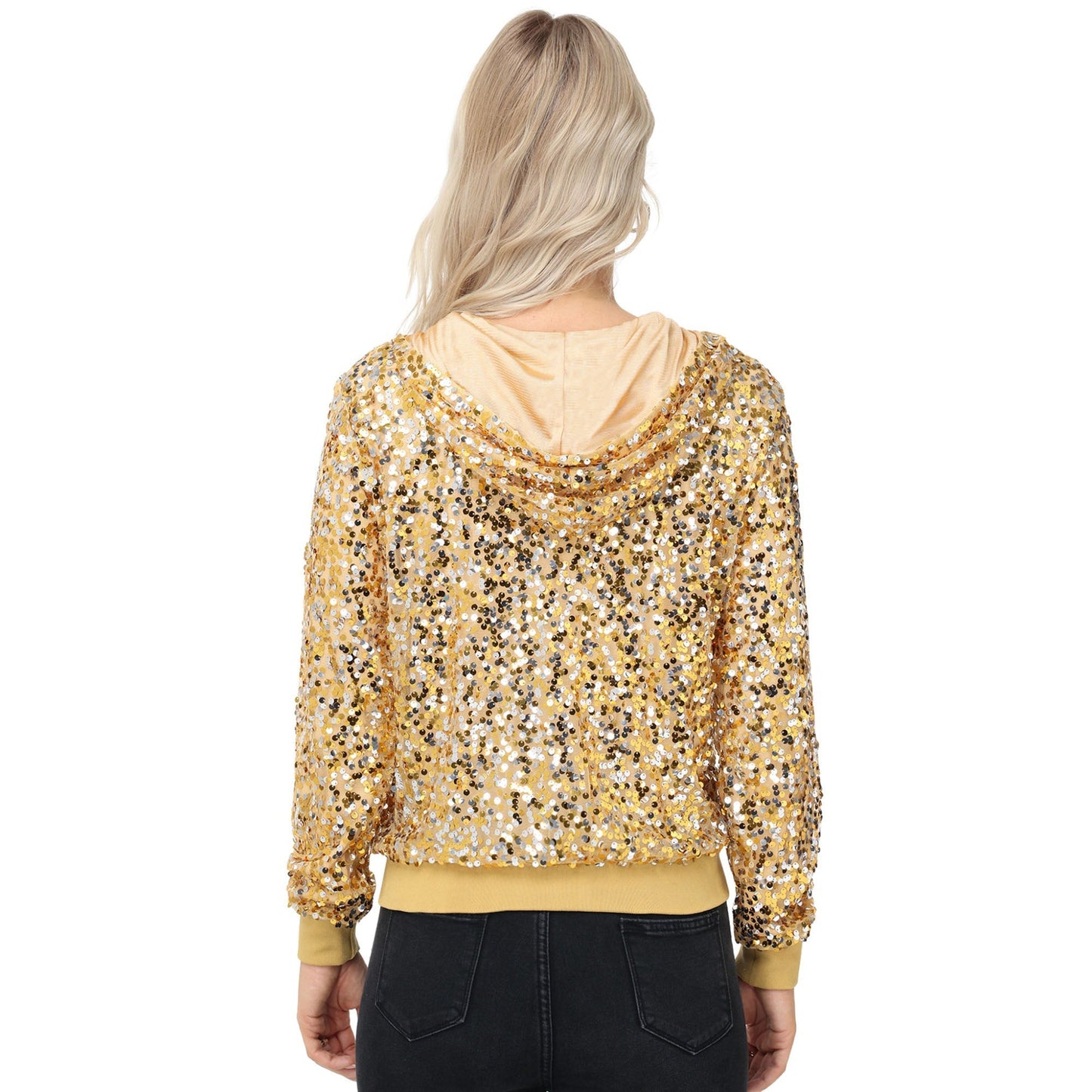 Zip-Up Hoodie Jacket with Allover Sequin Embellishments and Ribbed Trim Anna-Kaci Wholesale