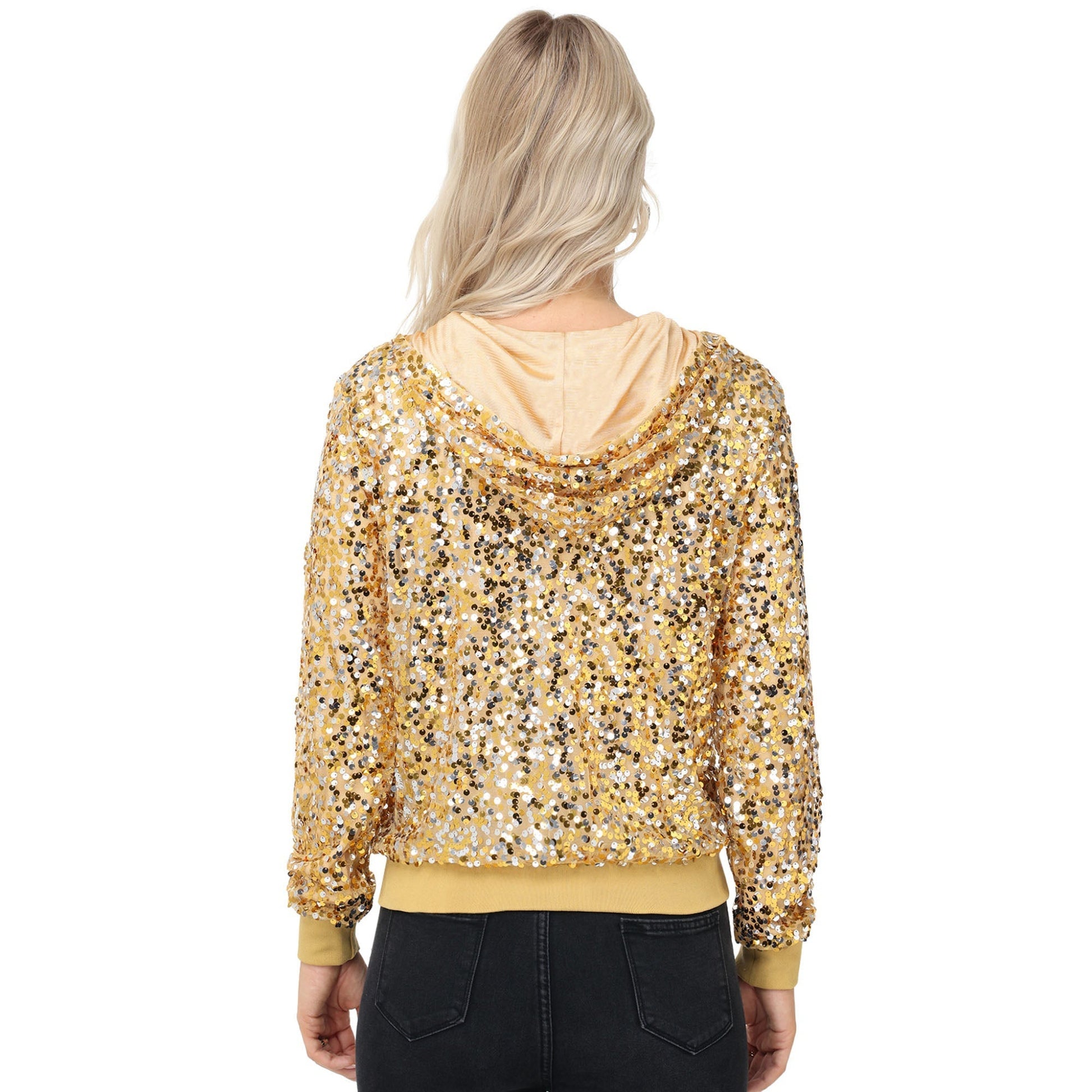 Zip-Up Hoodie Jacket with Allover Sequin Embellishments and Ribbed Trim Anna-Kaci Wholesale