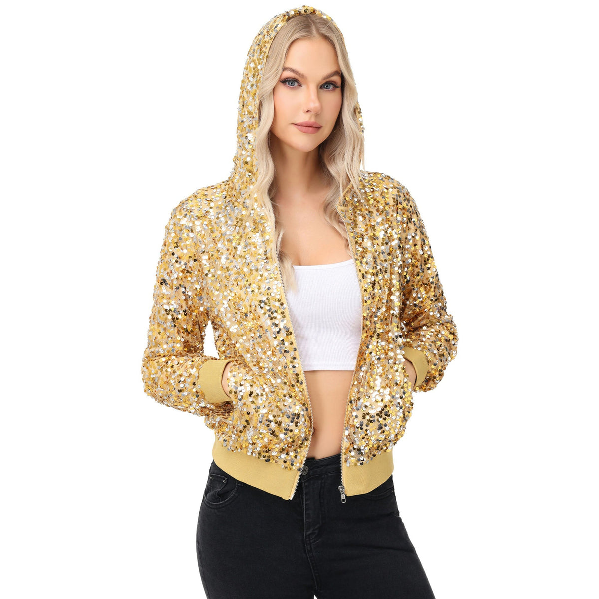 Zip-Up Hoodie Jacket with Allover Sequin Embellishments and Ribbed Trim Anna-Kaci Wholesale