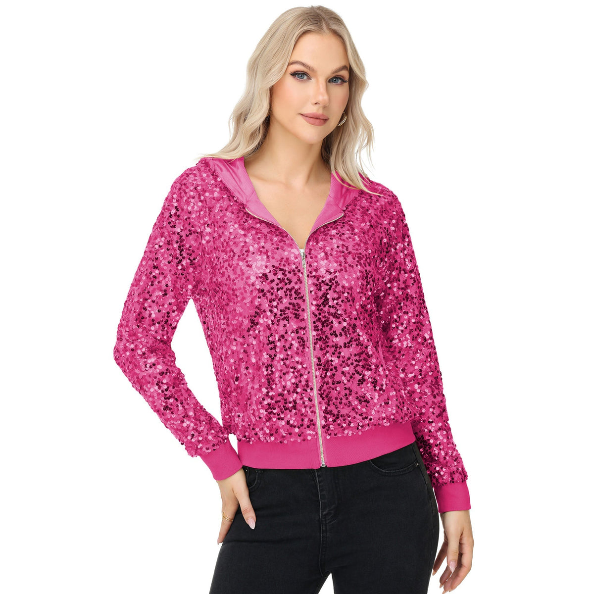 Zip-Up Hoodie Jacket with Allover Sequin Embellishments and Ribbed Trim Anna-Kaci Wholesale